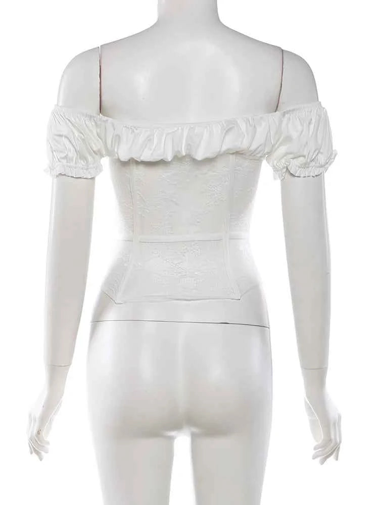 Weird Puss Sexy Elegant 2 Piece Set Women Slash Neck Single-Breasted Top+Ruched Ribbon Patchwork Skirt Chic Birthday Party Suits