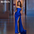 ROSES Blue Elegant Prom Dress Strapless Backless Prom Gown for Woman Satin Side High Split Mermaid Evening Dresses Customized