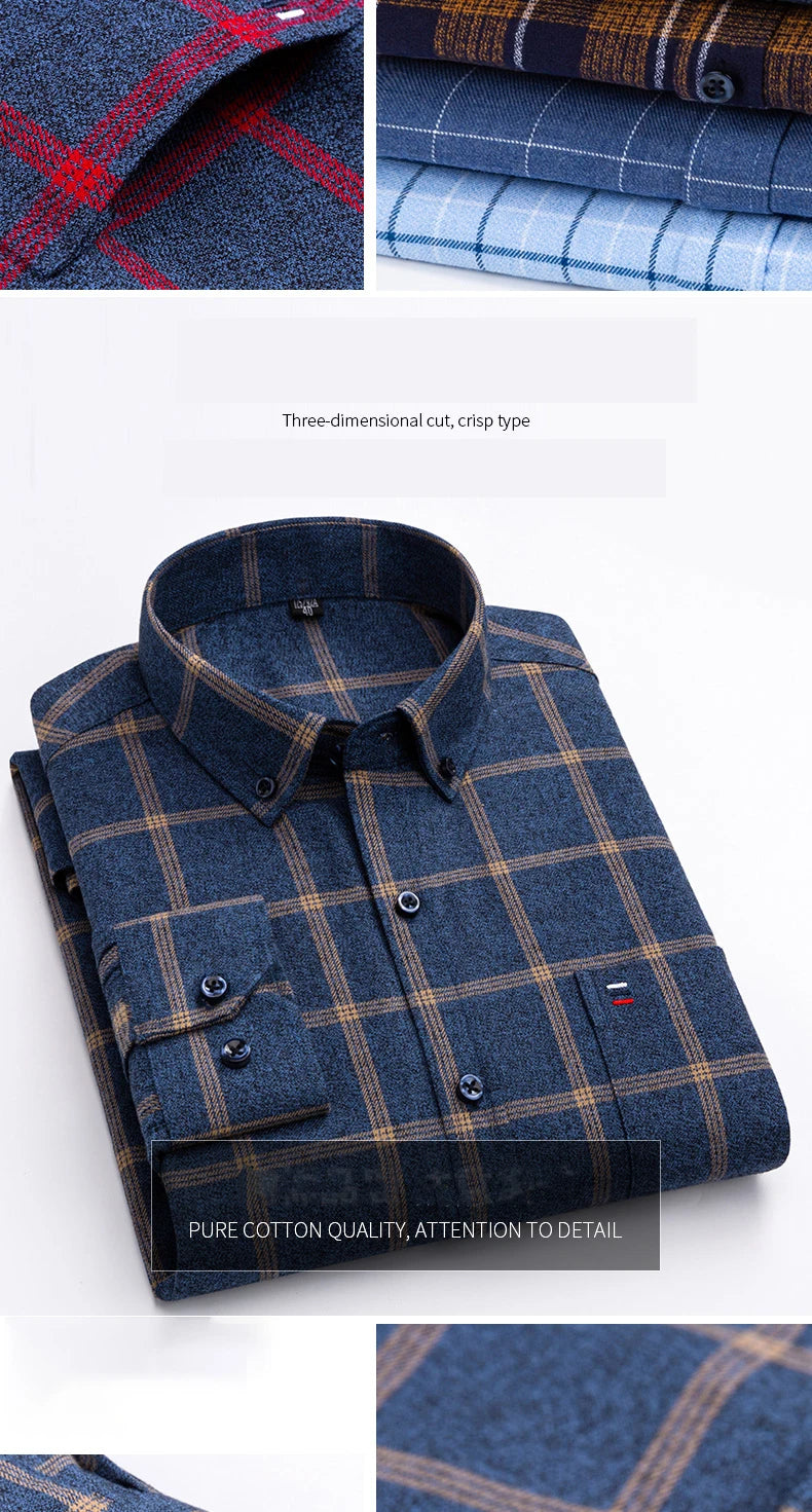 Pure Cotton Men's Plaid Shirt Long Sleeve Regular Fit Men Casual Oversized Shirt Leisure Autumn Male Clothes New Plus Size