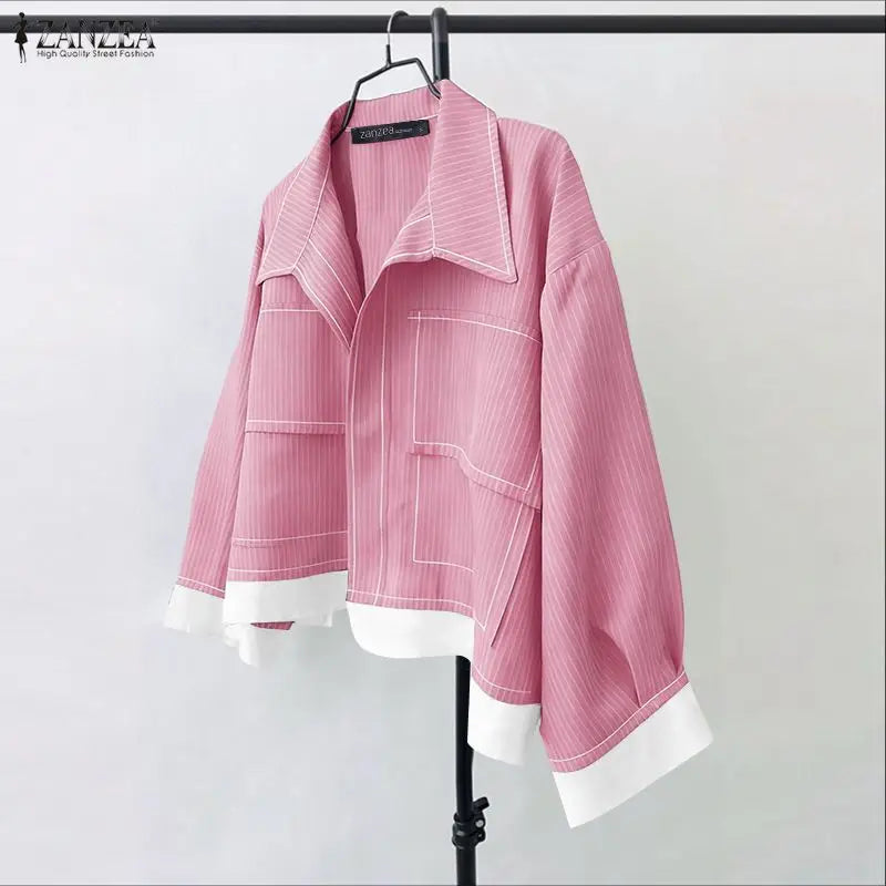 Women Korean Shirts 2025 ZANZEA Autumn Long Sleeve Striped Patchwork Blouse Fashion Tops Tunic Pockets Office Blusas Femininas