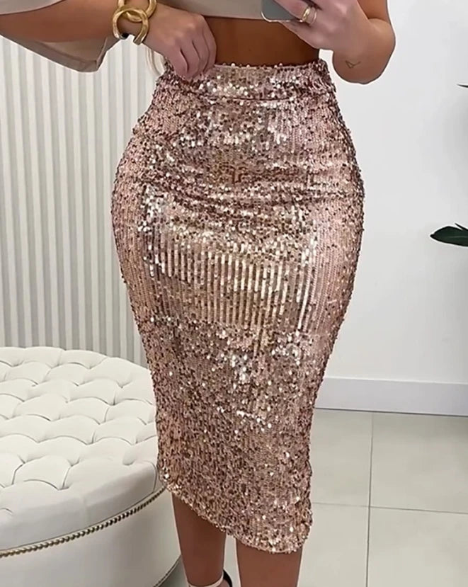 Saia midi sexy para mulheres 2025 casual elegante festa à noite allover lantejoulas fenda saia midi skinny roupas femininas roupas