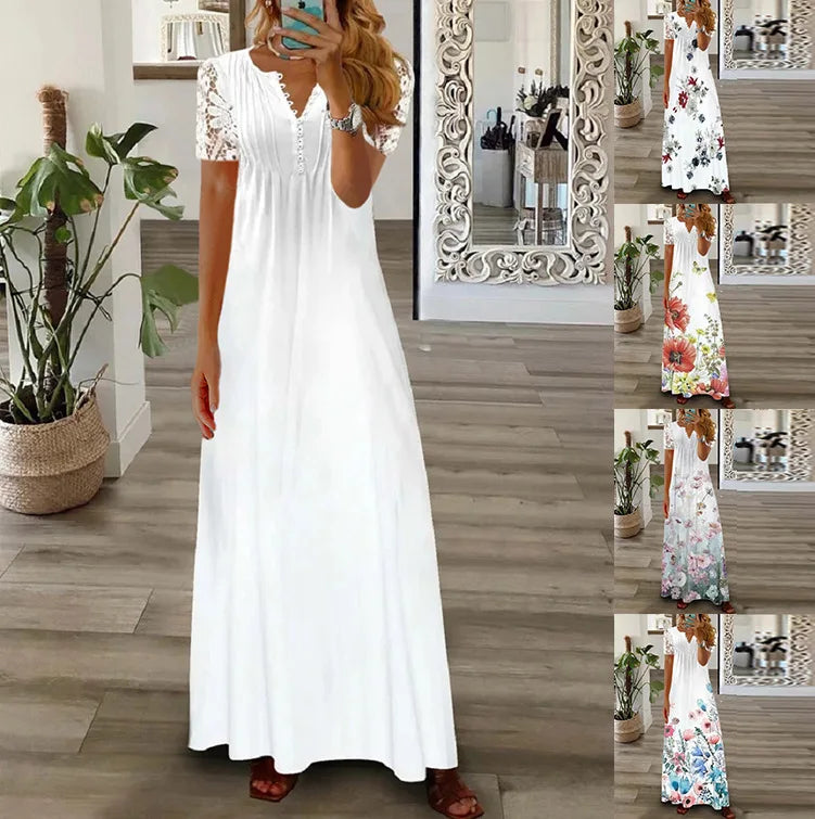 Spring Summer Women's New Fashionable Printed V-neck Sexy Lace Lace Patchwork Single Breasted Long Casual Comfortable Dress