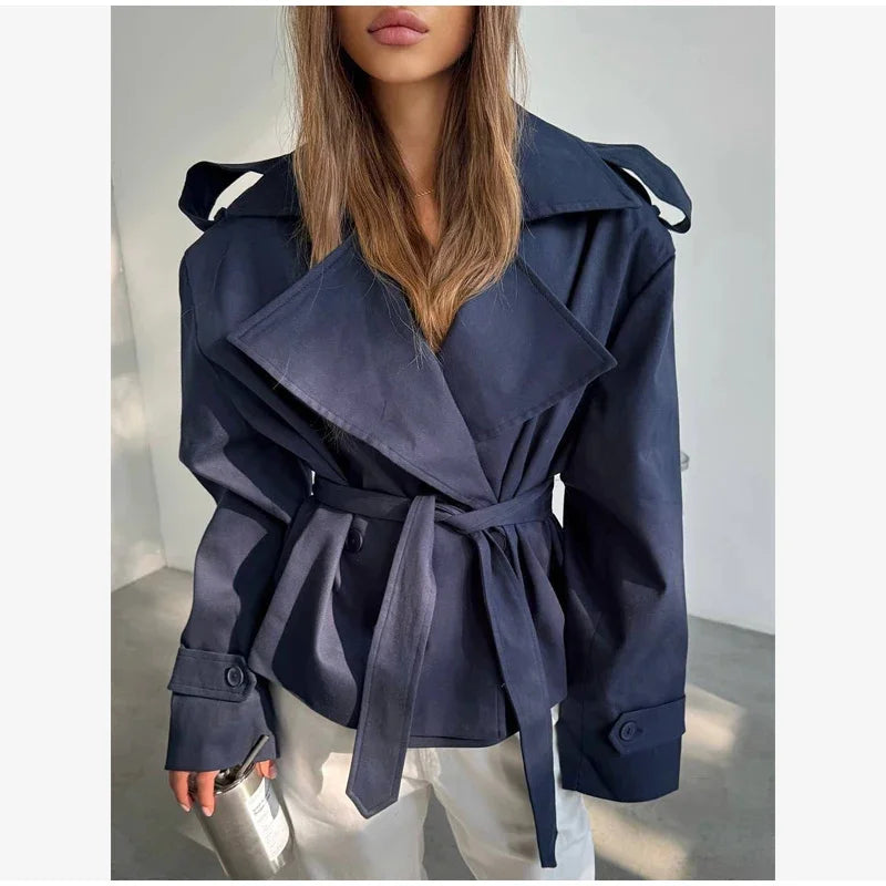 Women's Coat 2026 Spring New Style Solid Color Long Sleeve Belted Short Trench Coat European and American Personalized Fashion
