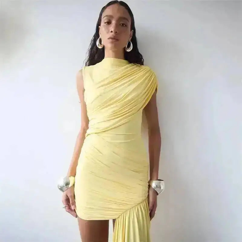 Balitops Summer Draped Ruched Sexy Mini Dress Women 2025 New Irregular High Waist Slim Fit Dress Female Elegant Club Tank Dress