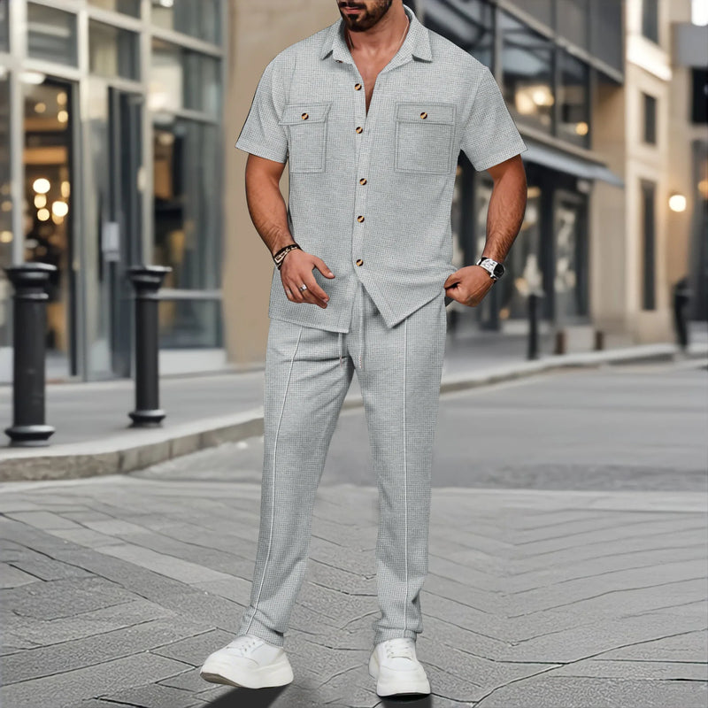 Conjunto de duas peças masculino, camisa casual leve, cor sólida, bolso com botão, tendência waffle, manga curta, calça, verão 2025