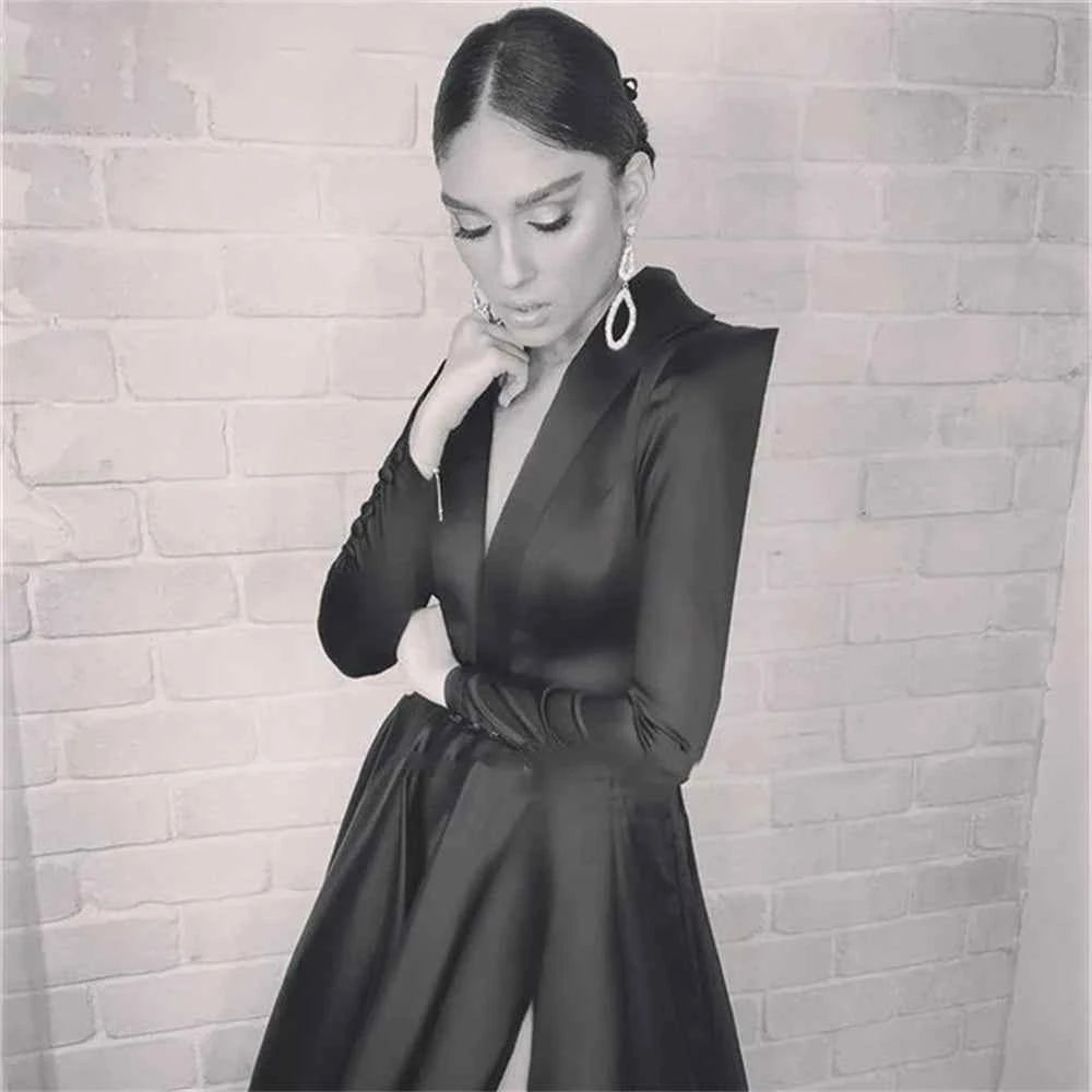 Lily Simple Black Long A Line Evening Dress Side Split V-Neck Long Sleeves Formal Prom Dress Arabic Dubai Party Gowns Customized