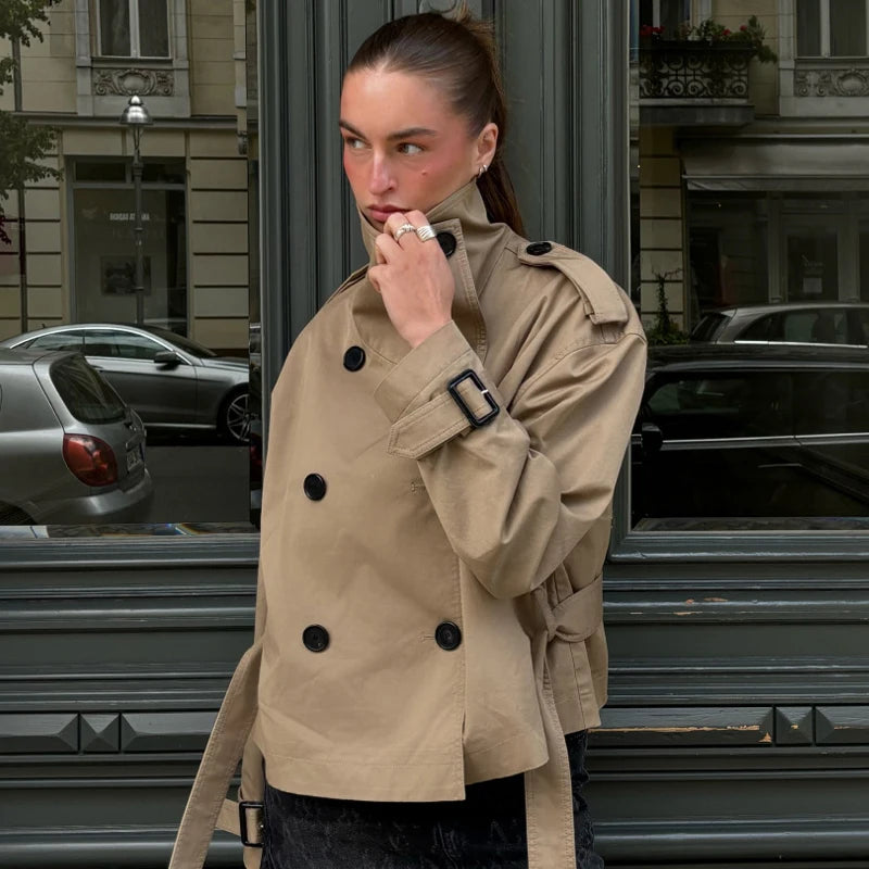 HXAO Crop Khaki Windbreaker Women's Jacket Autumn Fashion Stand Collar Long Sleeve Trench Coat Double-Breasted Belt Outerwears