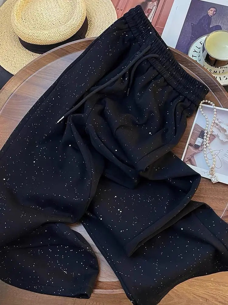 Shiny Ice Silk Wide Leg Pants Women Summer New High Waist Straight Casual Sports Long Trousers Children's Matching Pants