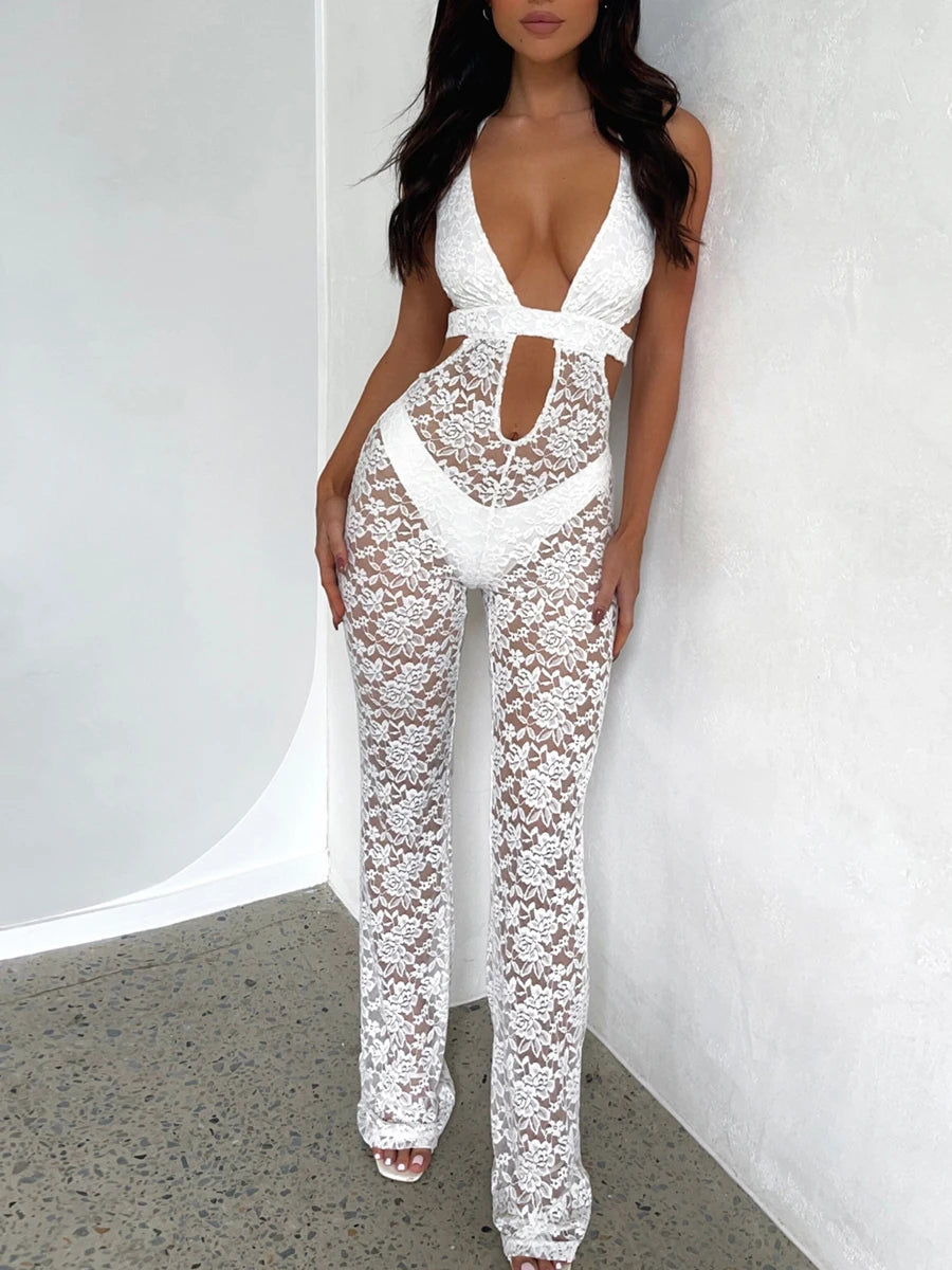 Women Halter Flare Jumpsuit Casual Summer Cutout Lace See-Through Backless Romper Pants Streetwear