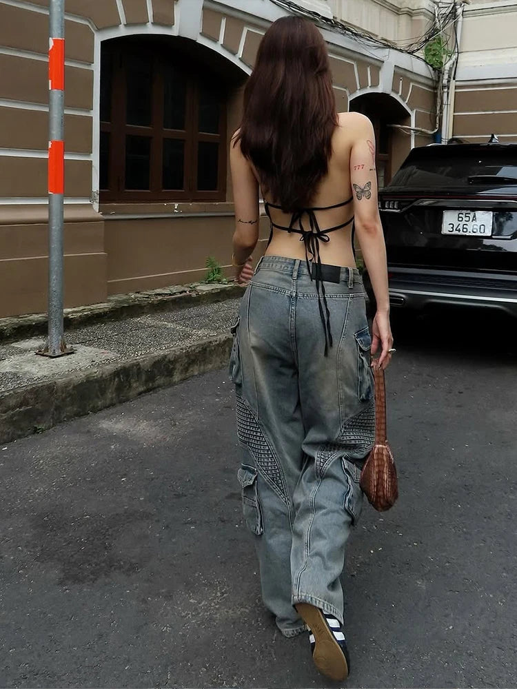 Weird Puss Leopard Sequins Women Vest Y2K Backless Halter V-Neck Lace-Up Sleeveless Street Skinny Wild Summer Trend Tank Tops