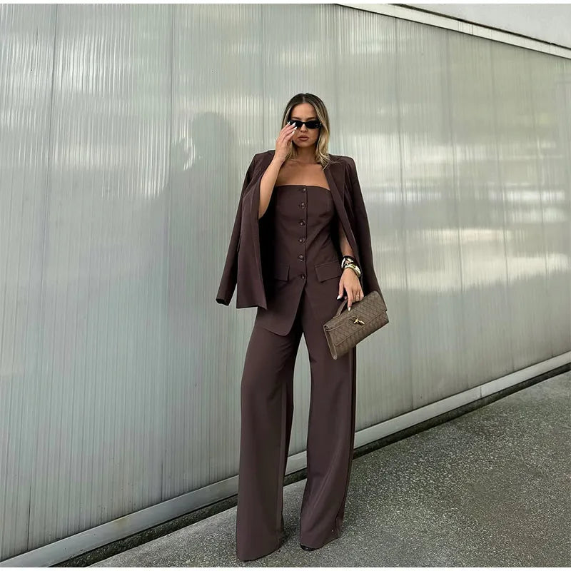 Elegant Full Sleeve Single Breasted Pocket Women Blazer Outfits Chic Solid High Waist Loose Pants Set Lady Spring Two Piece Sets