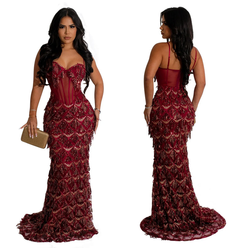 Women Sling Dress Floor Length Dresses Sequin Mesh Party Slim Bodycon Sheath Mesh Drilling Elegant Gown Sexy Vestidos 2024