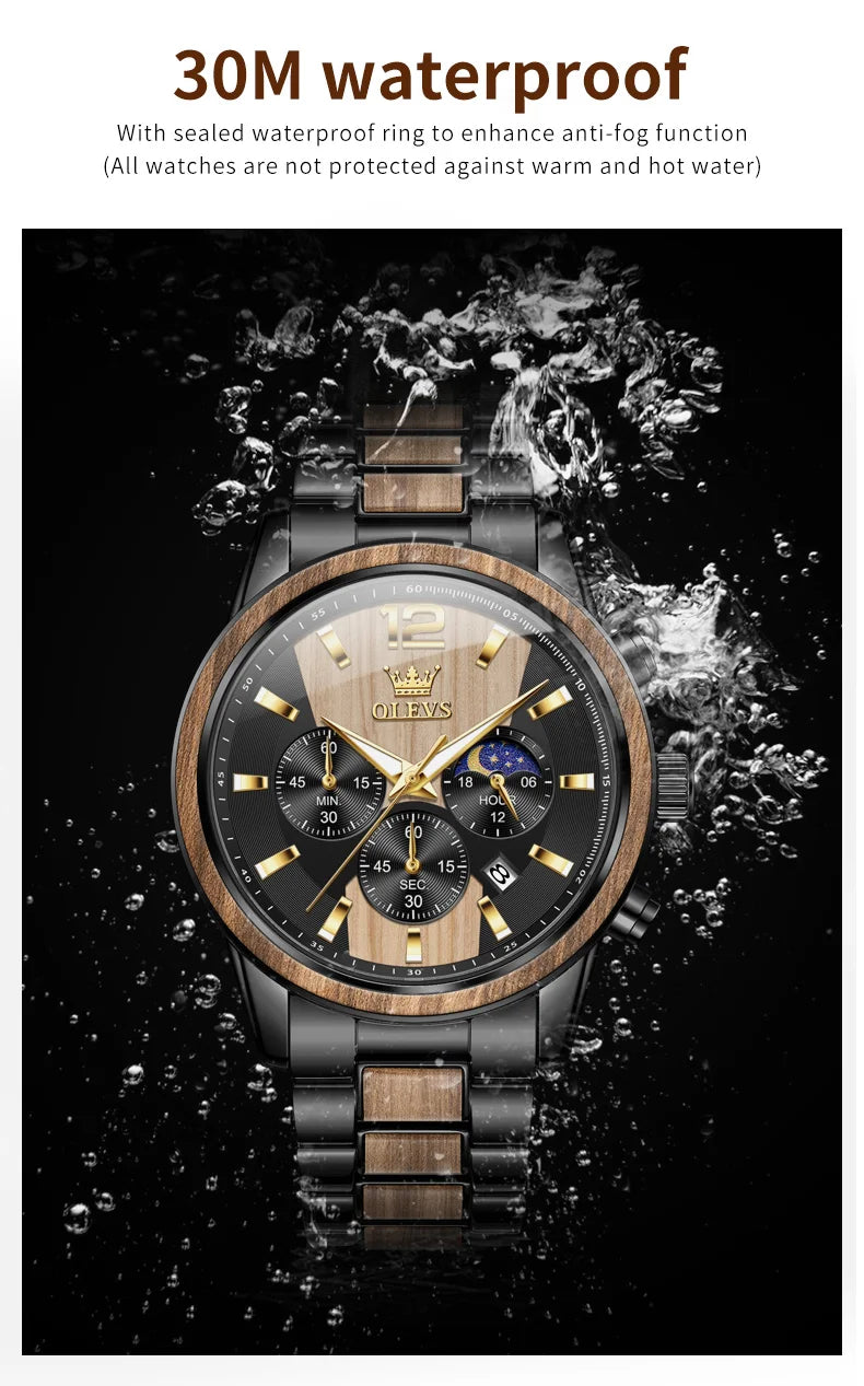 OLEVS 3645 Mens Watch Top Brand Business Original Quartz Watch Solid Wood Multifunctional Chronograph Watch Moon Phase Reloj New