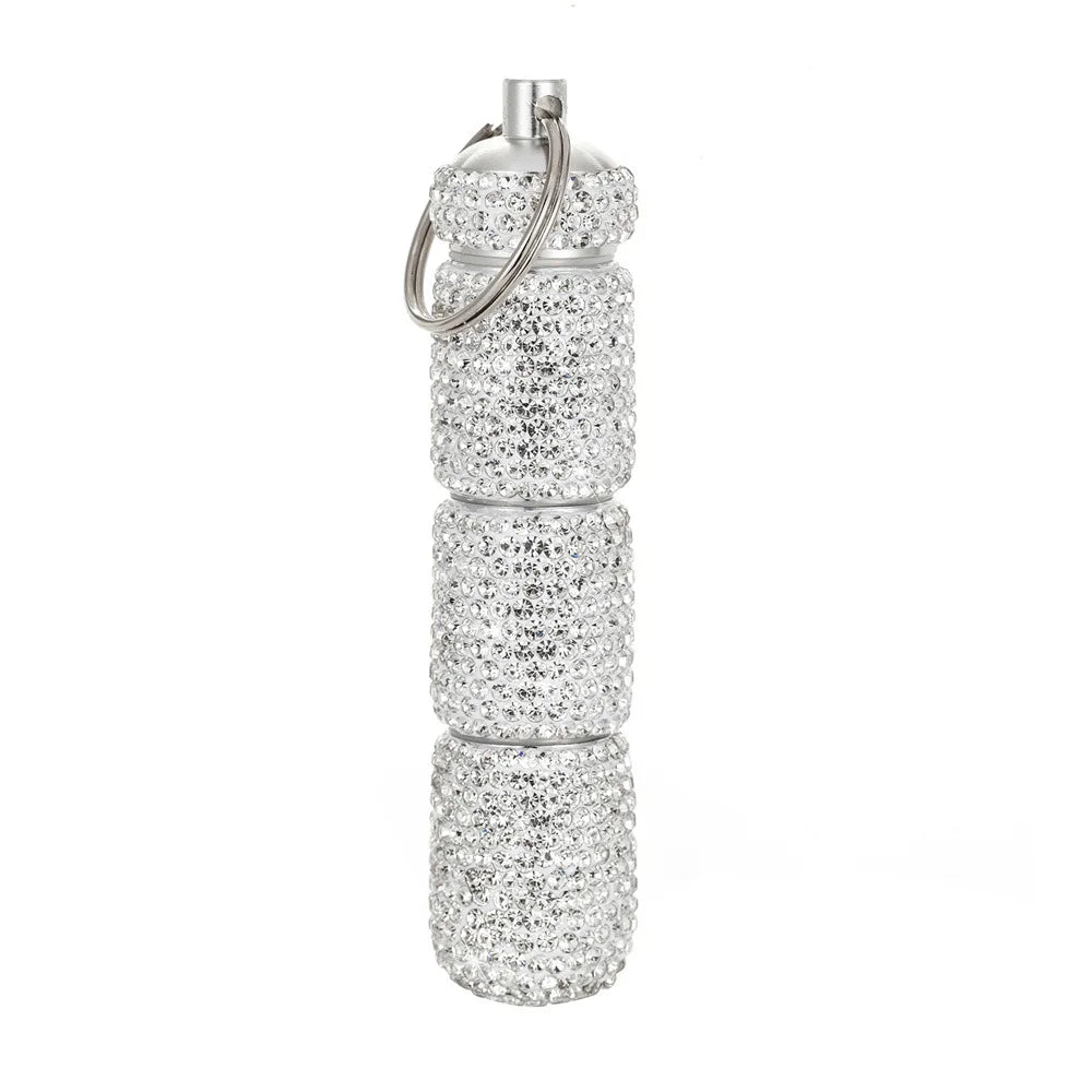 Porta-comprimidos portátil com strass (estilo "bling"), à prova d'água, pequeno e com chaveiro — Estojo fofo para guardar medicamentos.
