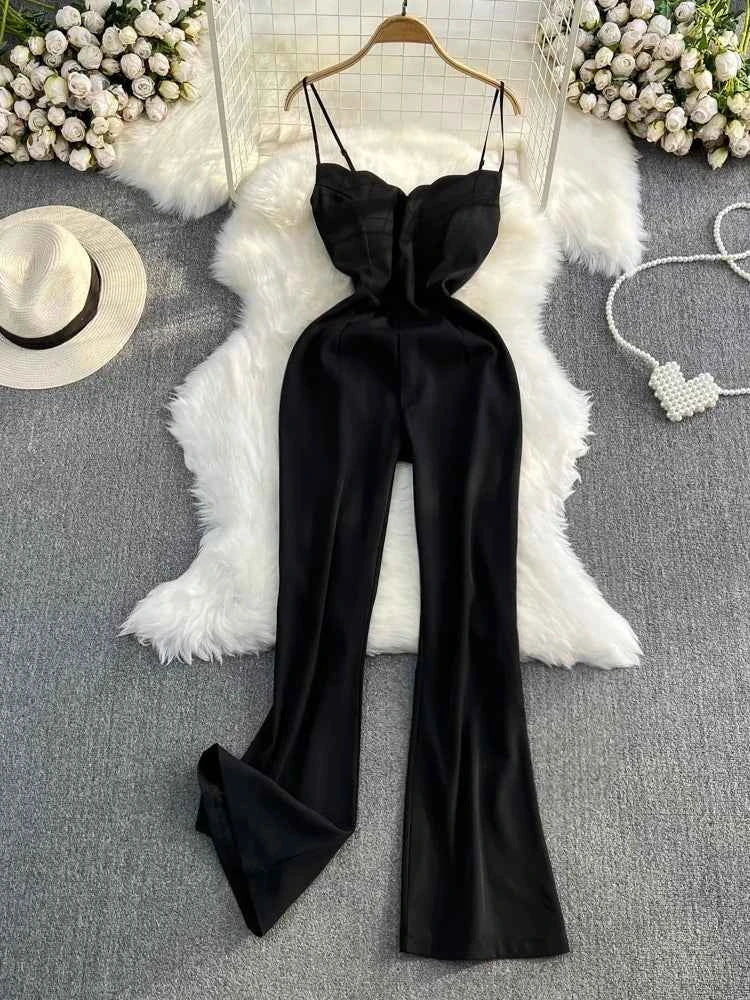 Elegant V-Neck Strap Dress Casual High Waist Slimming One-Piece Wide Leg Pants Long Loose Fitting Women's Online Exclusive