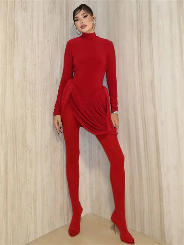 Tuularose Red Hollow Dress Women High Waist Sexy Backless Long Sleeve Gathered Dress Summer Patchwork Retro Party Evening Dress