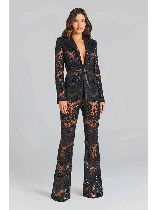 HIGH STREET Newest 2026 Designer Runway Suit Set Women's Single Button Guipure Lace Blazer  Flare Pants Set