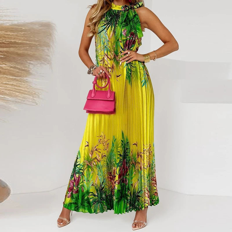 Lady Casual Loose Halter Pleated Maxi Dress Women Fashion Leaf Print Sleeveless Beach Boho Dress Elegant Halter Long Party Dress