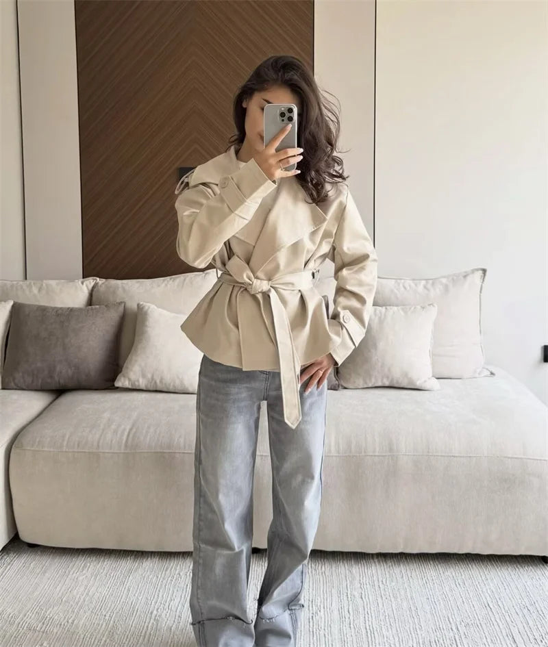 Women's Coat 2026 Spring New Style Solid Color Long Sleeve Belted Short Trench Coat European and American Personalized Fashion