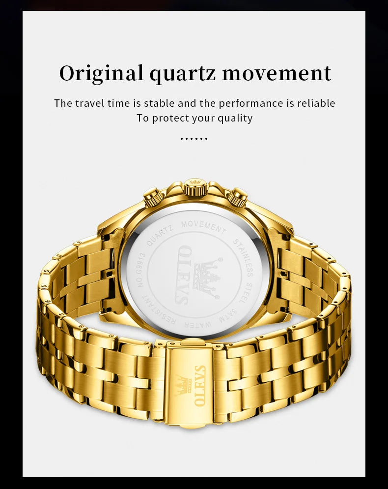OLEVS Lxuxry Brand Gold Men's Watches Full Skeleton Stainless steel Chronograph Wristwatch Waterproof Luminous Quartz Watch Men