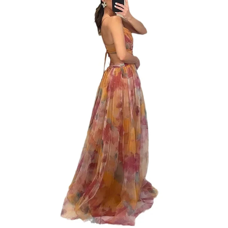 Spring and summer new mesh printed camisole dress INS holiday casual party dress skirt robe argent  dress for women