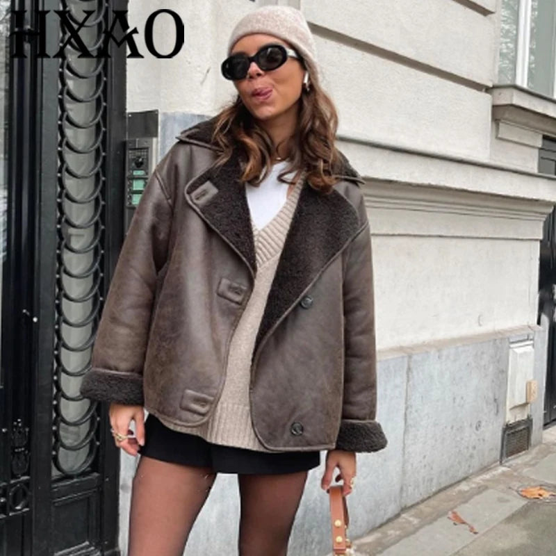 HXAO Faux Leather Jacket Winter Coat Female Button Long Sleeve Brown Jacket Demi-Season Faux Wool Coats And Mixtures Jacket