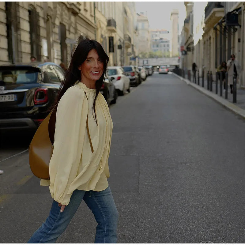 Blusa de chiffon com babados e manga comprida, blusa feminina casual solta, gola V, manga comprida, blusa de rua, primavera/verão 2025