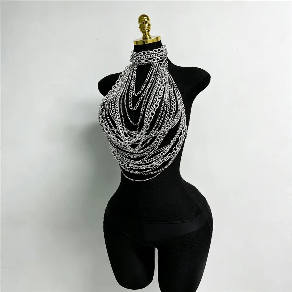 Silver Metal Chain Halter Top Sexy Layered Body Chain Vest Women Festival Rave Party Clubwear Lingerie Jewelry Accessory