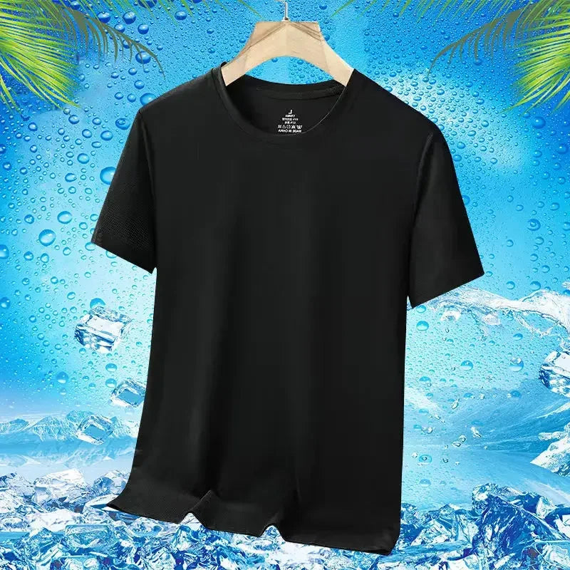 Camiseta masculina de manga curta, de seda gelada e secagem rápida, nova malha respirável, ajuste solto, gola redonda, camisa esportiva casual para o verão