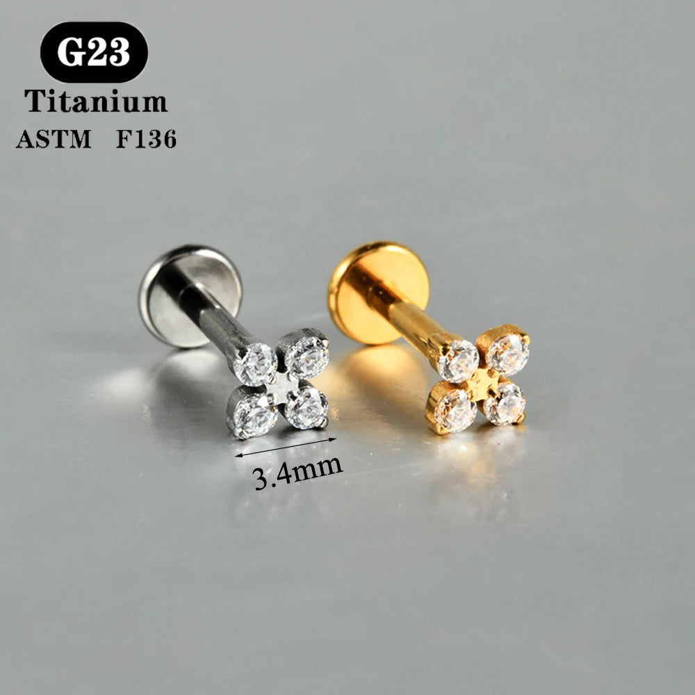 1PC ASTM F136 Titanium Zircon Flat Back Earring Flower Ear Studs Lobe Helix Tragus Cartilage Piercing Jewelry 16G