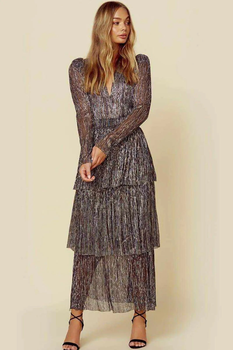 Vestido Feminino Plissado Costura Cintura Alta Vestido Feminino Manga Bufante Decote Em V Irregular Festa À Noite Vestido Elegante