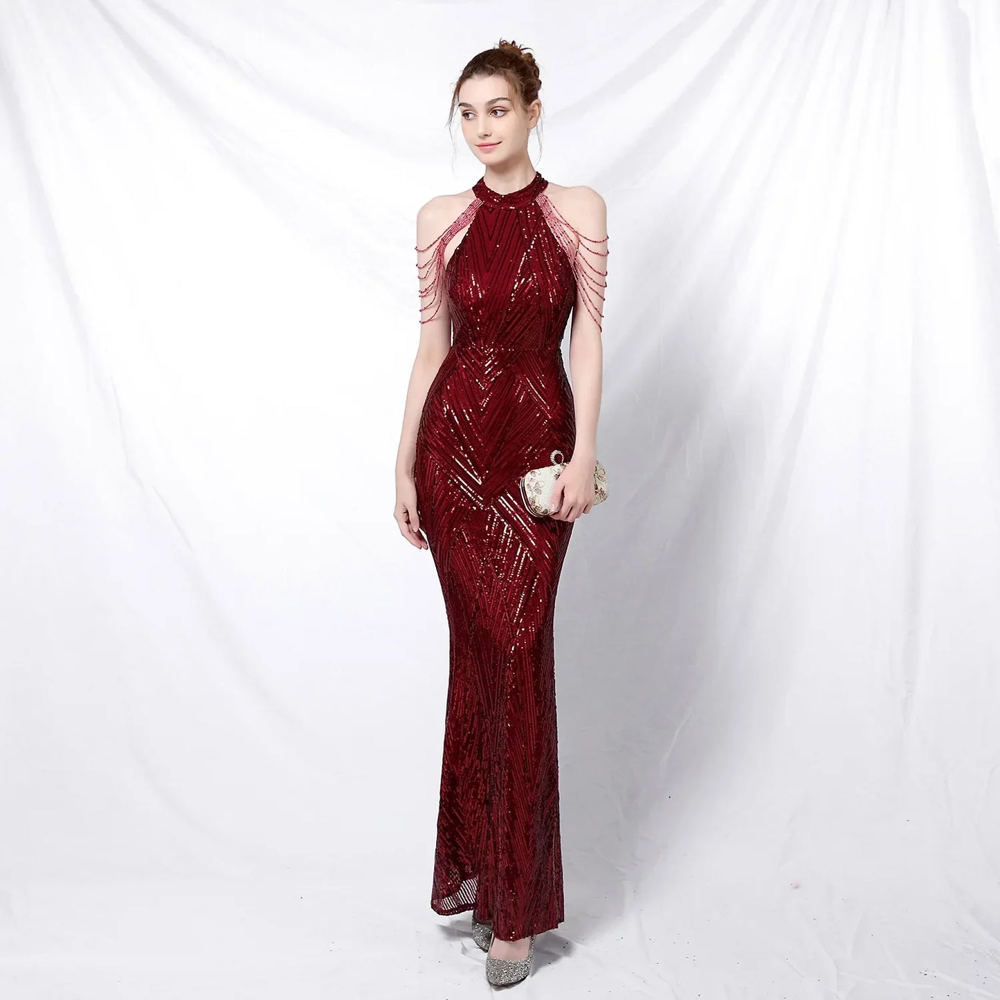Xmas Sequin Maxi Dress Halter Neck Stripe Mermaid Long Lady Coctail Prom Dress Party Evening Dancing Performance Shimmering Wear