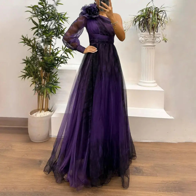 Cocktail Party Dress Elegant One Shoulder Evening Gown with 3d Flower Decor Pleated Mesh Detail Women's Banquet for Special