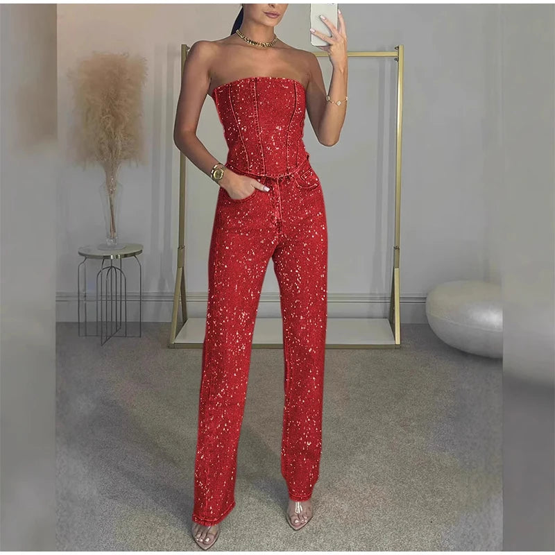Conjunto jeans feminino com strass brilhantes, espartilho modelador, top curto, jeans slim fit, roupa de festa, boate, estilo cowgirl