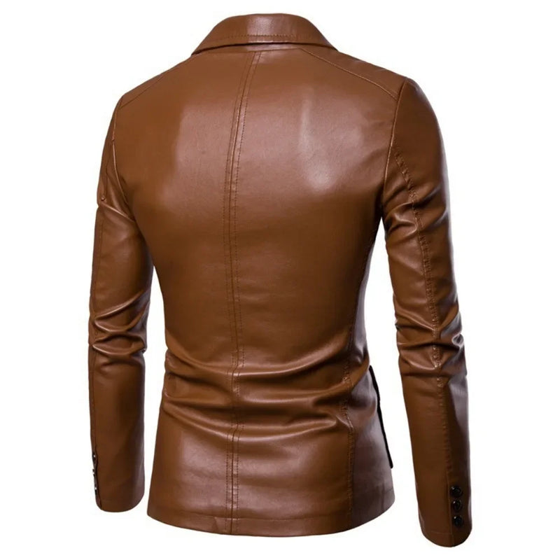 Jaqueta Lapela Vestido de Couro Casaco Terno Slim Fit Jaqueta À Prova de Vento Masculino Negócios Casual Pu Blazers