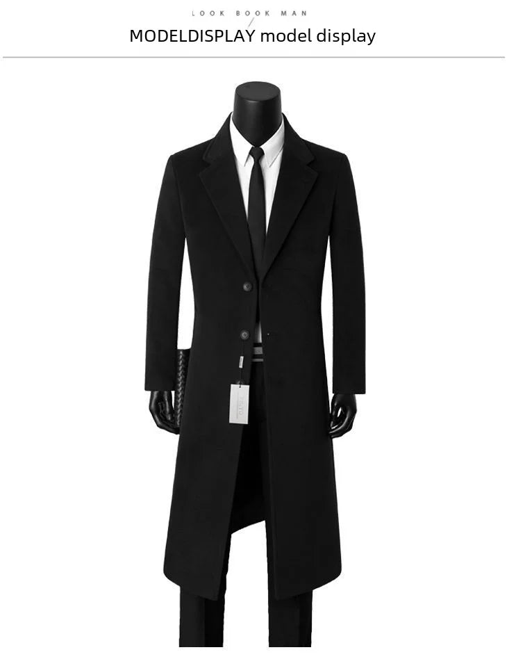 Sobretudo de lã masculino para outono e inverno, comprimento médio, casual, corta-vento quente, jaqueta com gola para pai