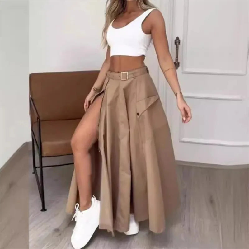 Saias elegantes para mulheres, tendência de roupas 2025, casual, primavera, verão, moda, cintura alta, irregular, zíper, bolsos, saia longa feminina