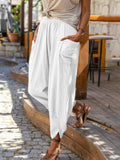 Calças femininas de praia, primavera verão, vintage, boho, algodão, linho, cintura alta, lisas, soltas, bolsos, calças casuais