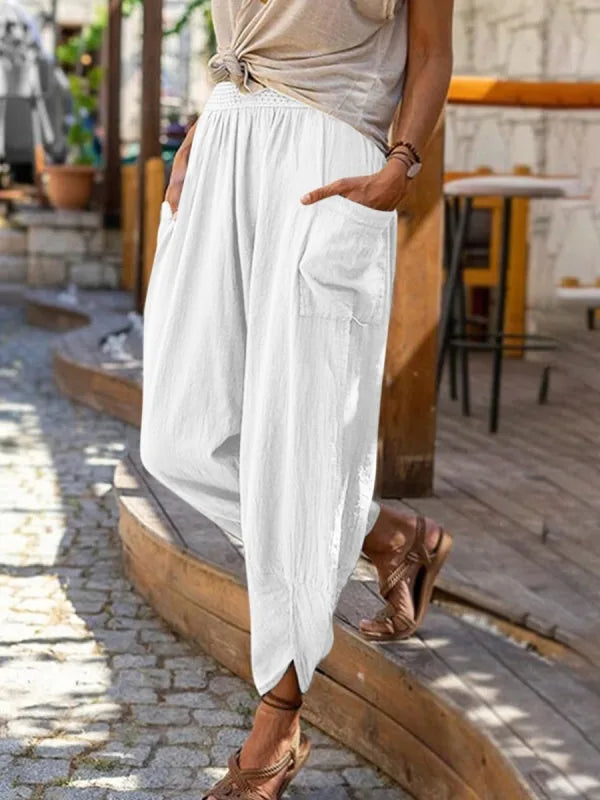 Calças femininas de praia, primavera verão, vintage, boho, algodão, linho, cintura alta, lisas, soltas, bolsos, calças casuais