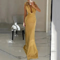 Ellafads Women Elegant Maxi Dress Solid Sleeveless V Neck With Flower Decoration Backless Nipped Waist Slim Mermaid Long Dresses