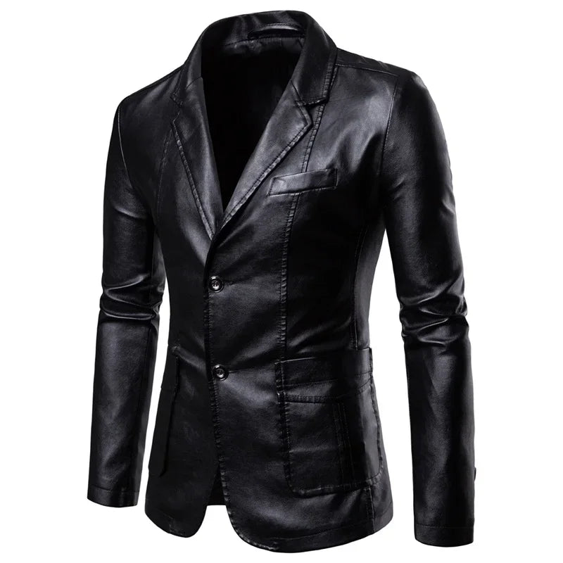 Jaqueta Lapela Vestido de Couro Casaco Terno Slim Fit Jaqueta À Prova de Vento Masculino Negócios Casual Pu Blazers