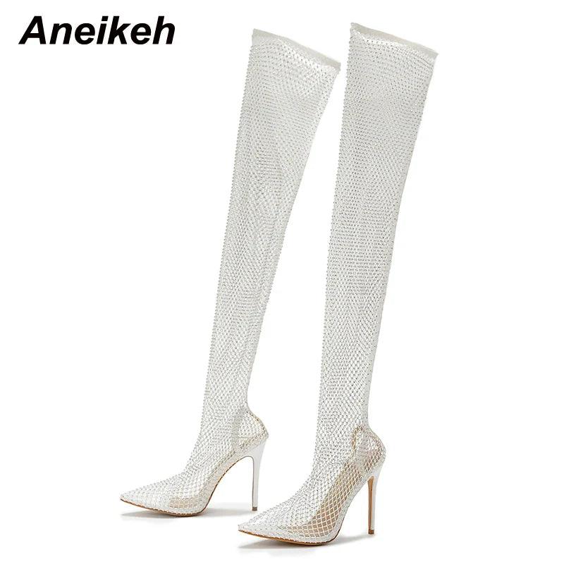 Aneikeh Sexy Bling Rhinestone Mesh Shoes Over The Knee Boots Women Pointed Toe Sandals Nightclub High Heels Botas Femininas 2024 - CRAVO ROSE