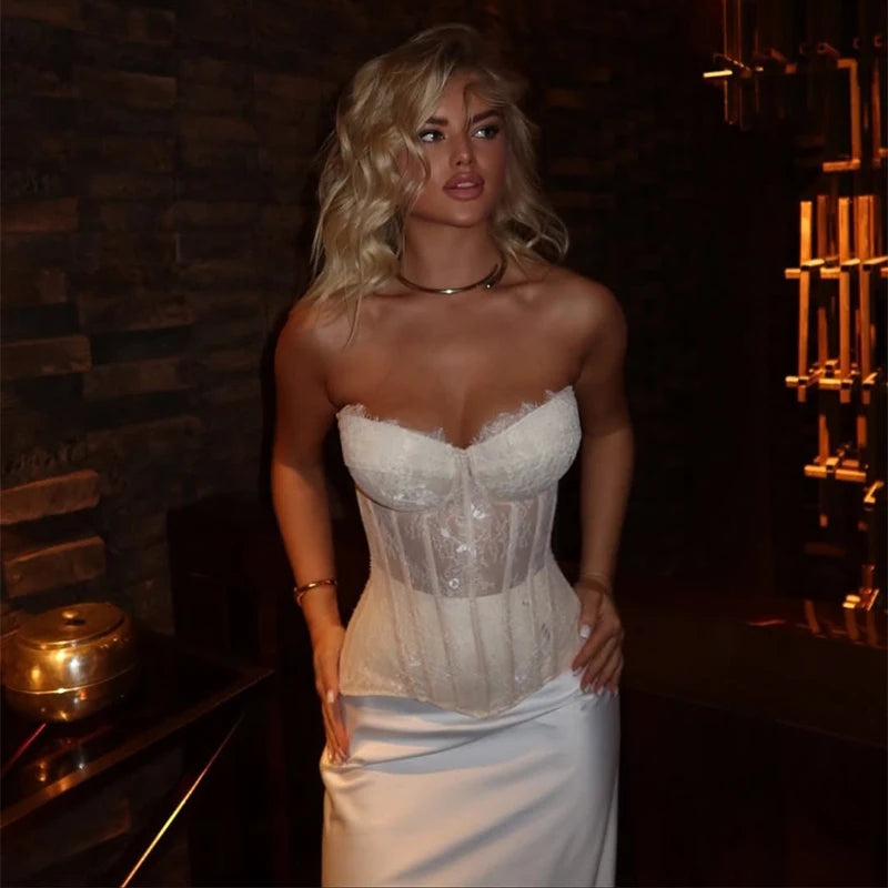 Floral Lace Fishbone Sleeveless Vest for Women Fashion Off Shoulder Bodycon Female Top 2026 Spring Summer New Y2K Lady Partywear