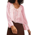 Blusa feminina Combhasaki Y2K Fairy, manga comprida, gola quadrada, patchwork de renda, amarração frontal transparente, blusa curta com botões