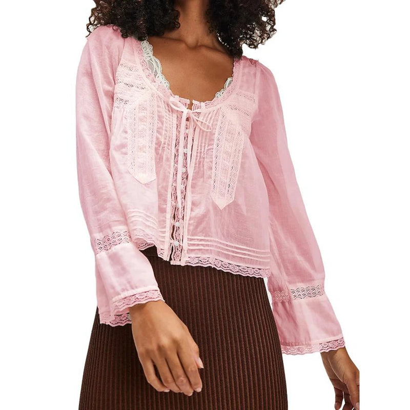 Blusa feminina Combhasaki Y2K Fairy, manga comprida, gola quadrada, patchwork de renda, amarração frontal transparente, blusa curta com botões
