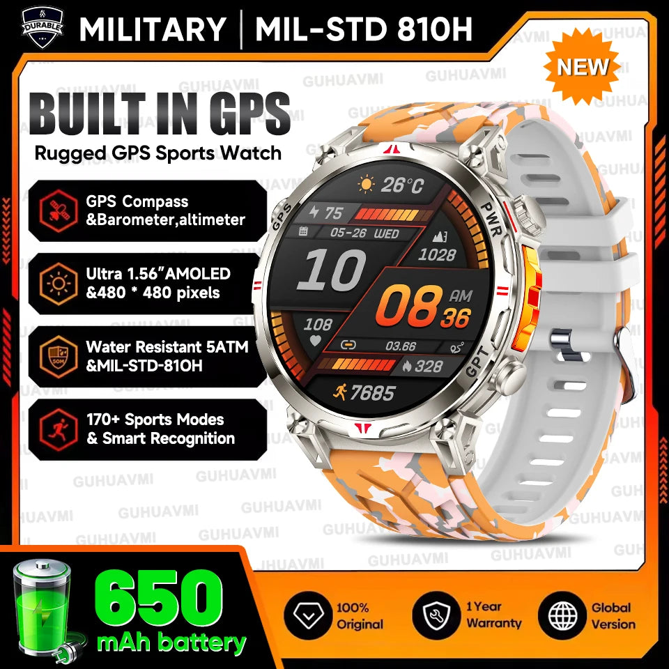 2025New Military T-Rex3 Ultra GPS SmartWatch Built in GPS Compass Altimeter Barometer 5ATM Waterproof 650mAh Sports Bracelet Men