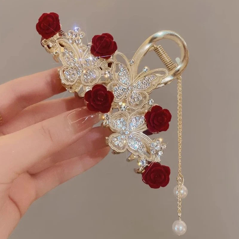 Light Luxury Rhinestone Bell Orchid Tassel Hair Clip Flowers Rose Butterfly Claw Clip Shark Hair Claw Barrette Hair Accessories