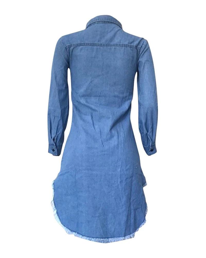 New Vintage Women Denim Mini Asymmetrical Dress Sexy Turn Down Neck Long Sleeve Ribbbed Tassel Shirt Dress Blue Jean Robe 2023 - CRAVO ROSE