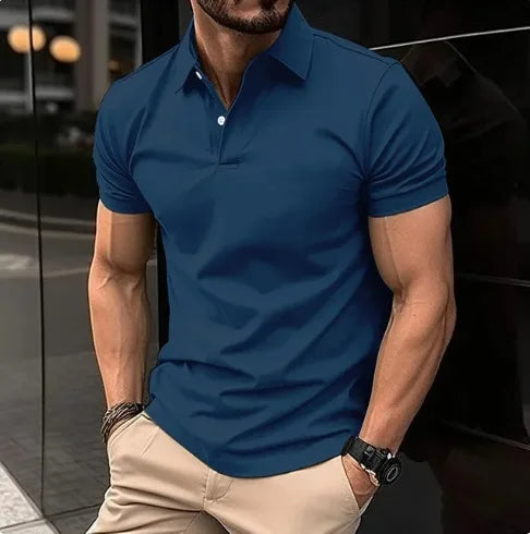 2024 New Men's Summer Casual Solid Color Button Short Sleeved T-shirt Polo Shirt With Purple Loose Collar Daily Versatile Shirt