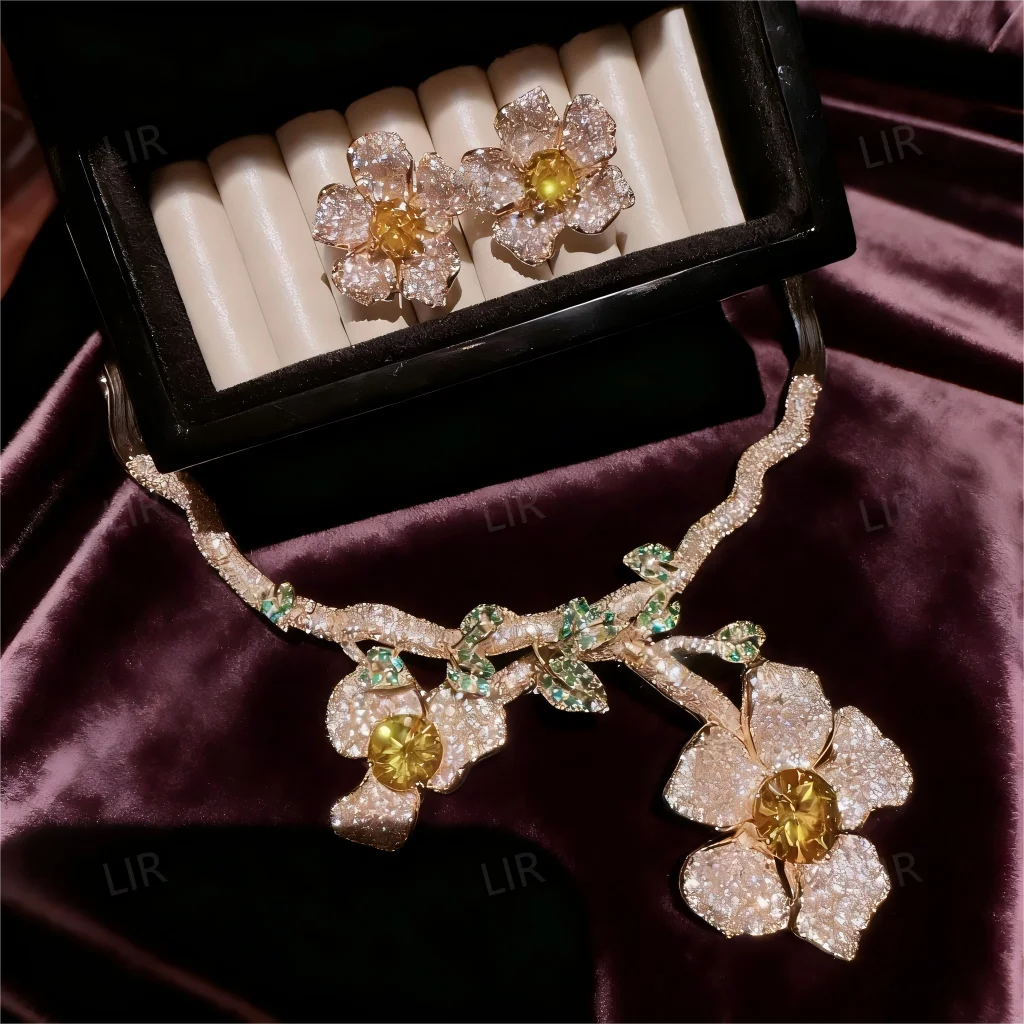 LIR Austrian Retro Jewelry Set: Floral Gem Vine Necklace, Prosperous Flower Zircon Earrings, Custom for Women